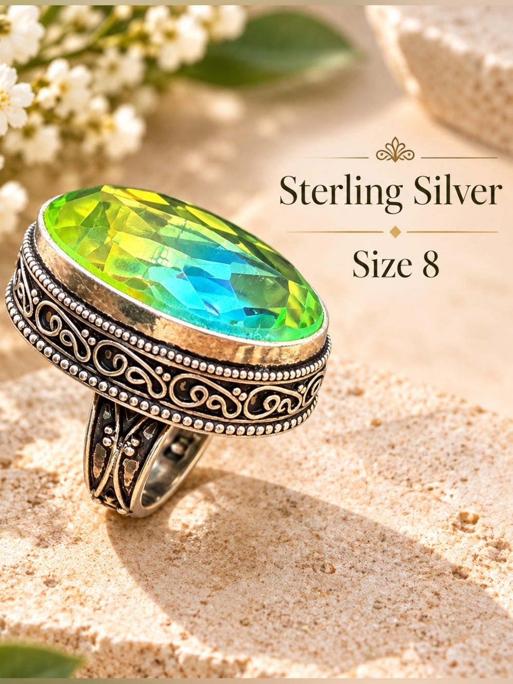 925 Sterling Silver Green Gemstone Statement Ring – Size 8